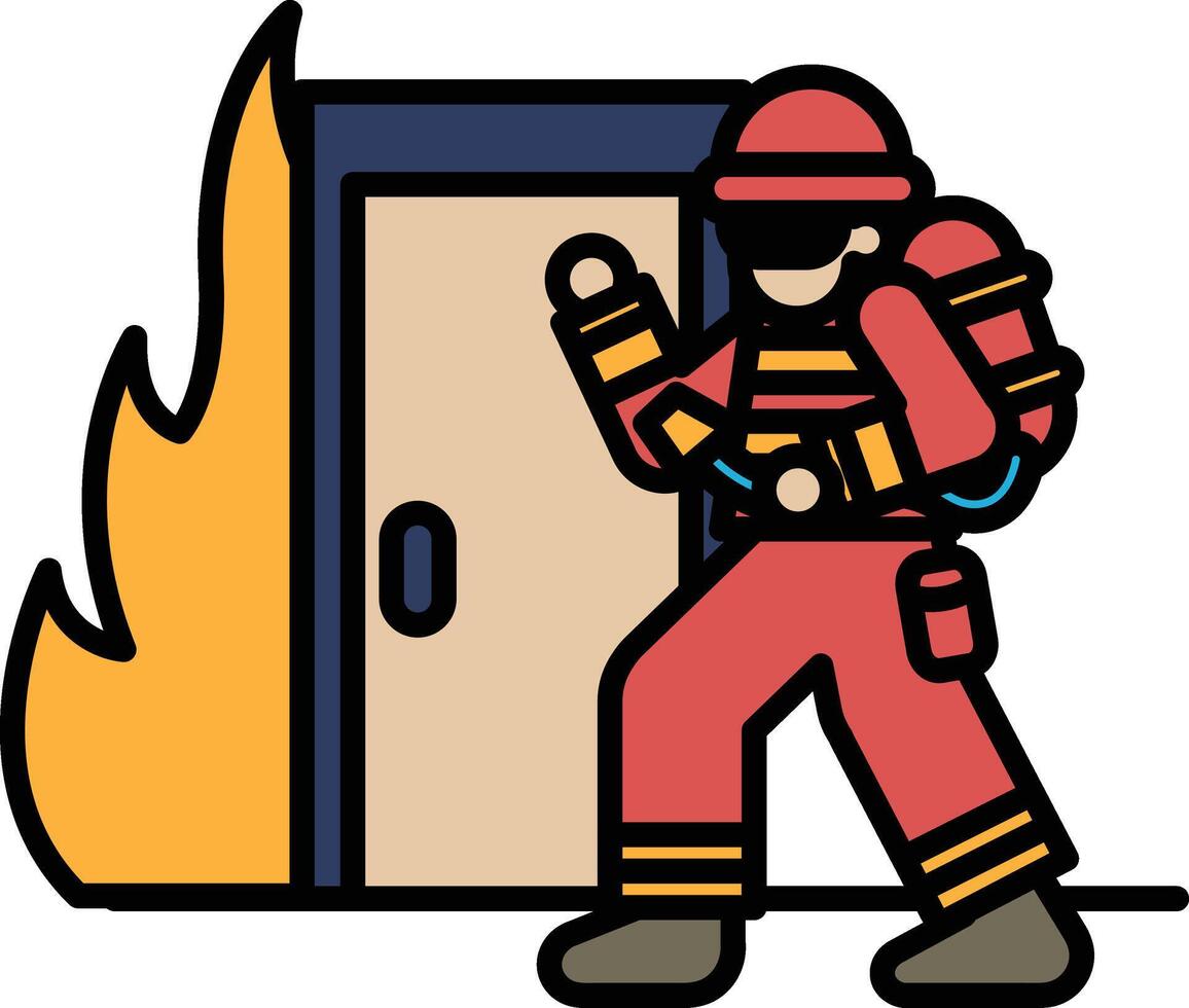 A firefighter is standing in front of a burning door vector