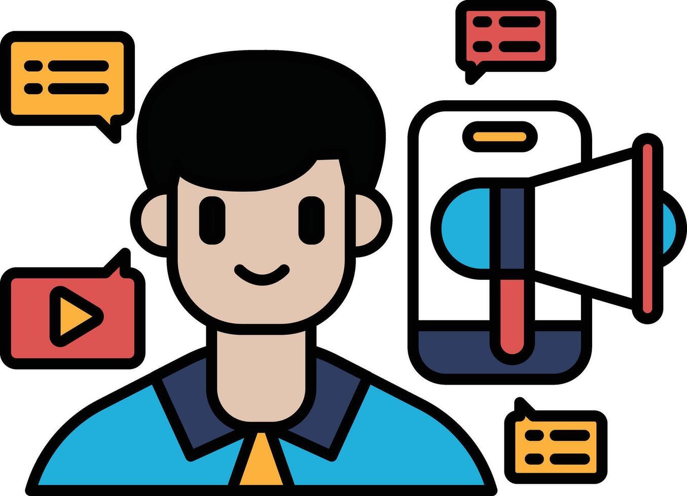 A man with a microphone is smiling and surrounded by a bunch of speech bubbles vector