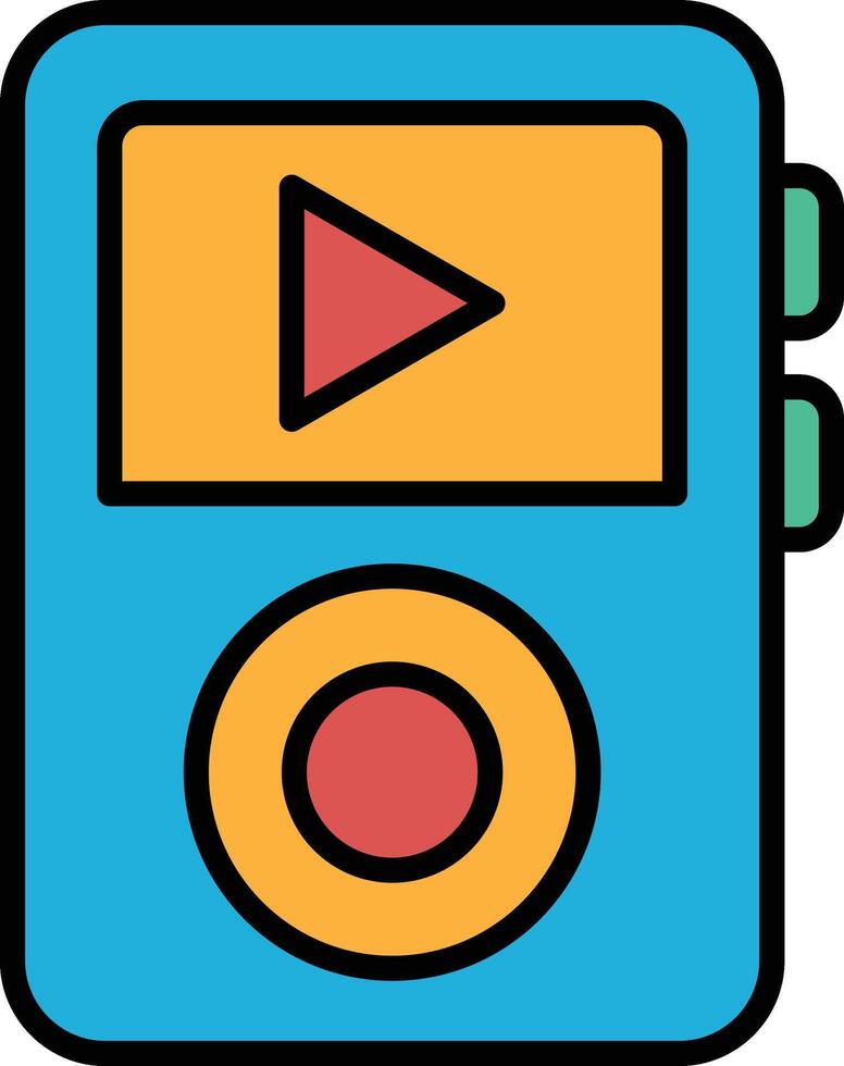 A blue and yellow music player with a red arrow pointing to the play button vector