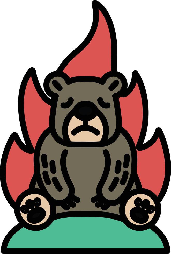 A bear is sitting on a fire, looking sad vector