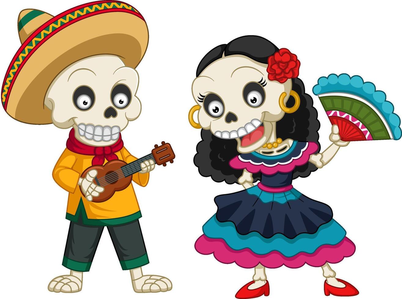 The day of the Dead. Mariachi skeleton dancing with musical instruments vector