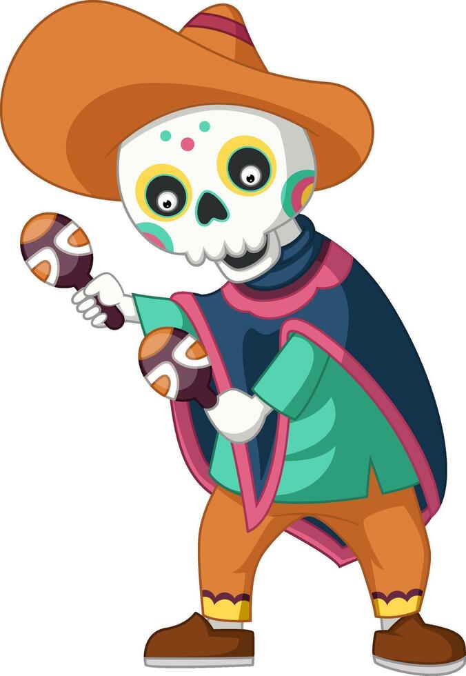 Mexican musician skeleton playing maracas vector