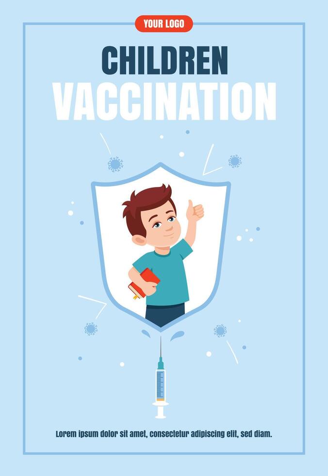 Vaccinated boy is protected from infection by an immunity shield. Children vaccination concept Flyer design, banner, promo, advertising, leaflet. illustration in flat style. vector