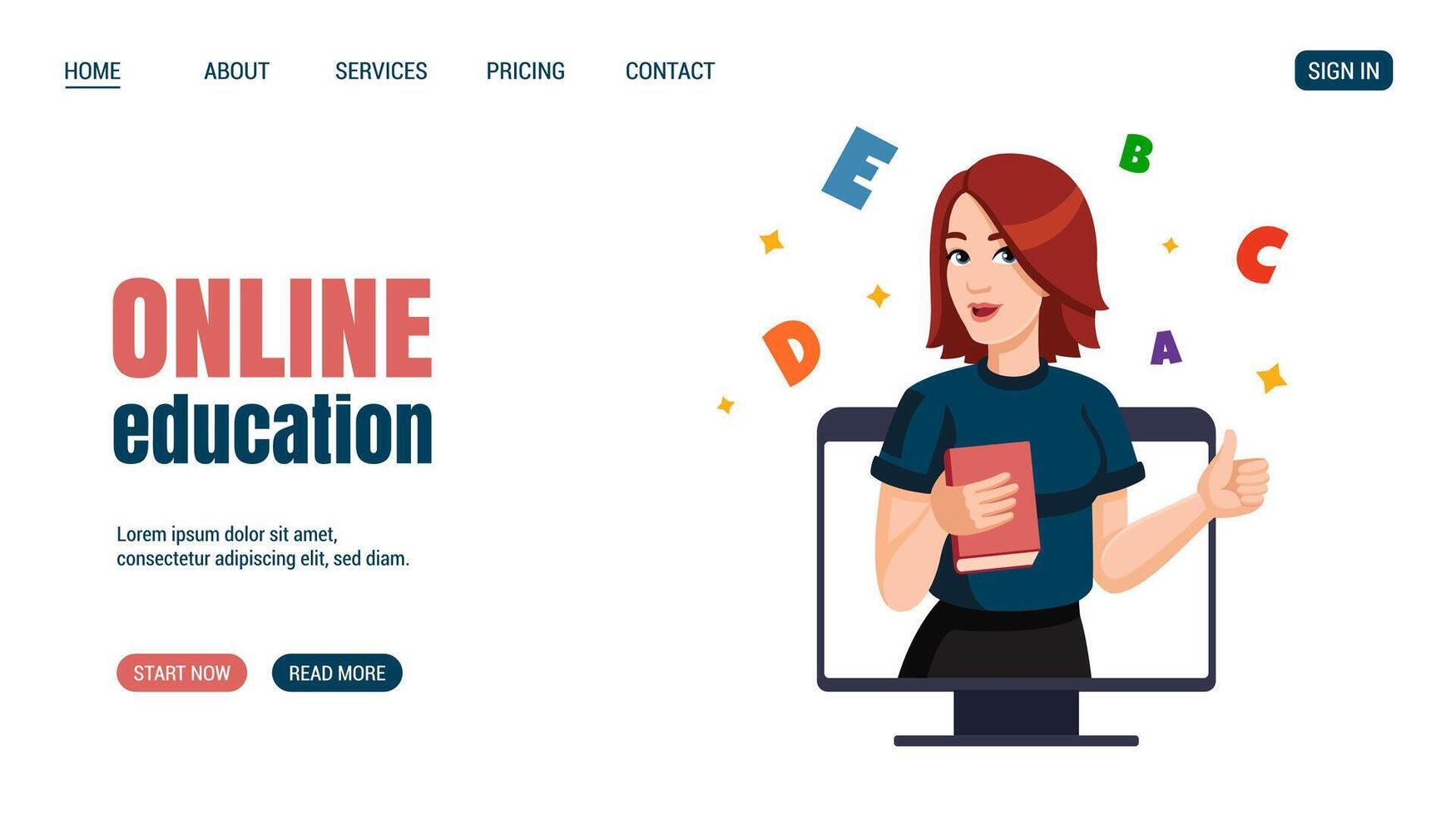Young woman with book Shows thumbs up on computer monitor Surrounded with letters. Online Education, knowledge, student concept Website, web page design. illustration. Back too school concept vector