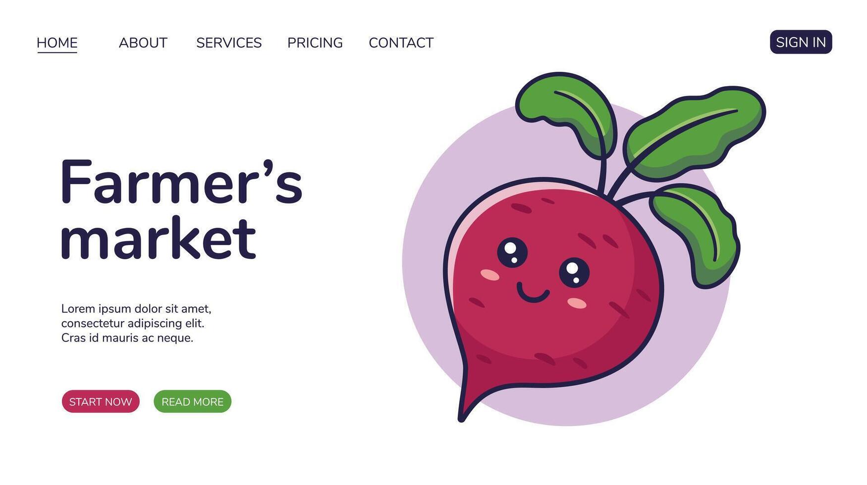 Farmers market Website, web page design with Kawaii Carrot beet root character. Kawaii style poster. Flat design. Advertising poster, banner. Farmers market concept. Cute Smiling beet root vector
