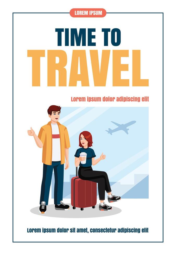 Young couple with suitcase, backpack showing thumbs up at the airport before flight. Flat design, cartoon style. illustration. Travelling concept flyer, banner, promo, advertising, leaflet. vector