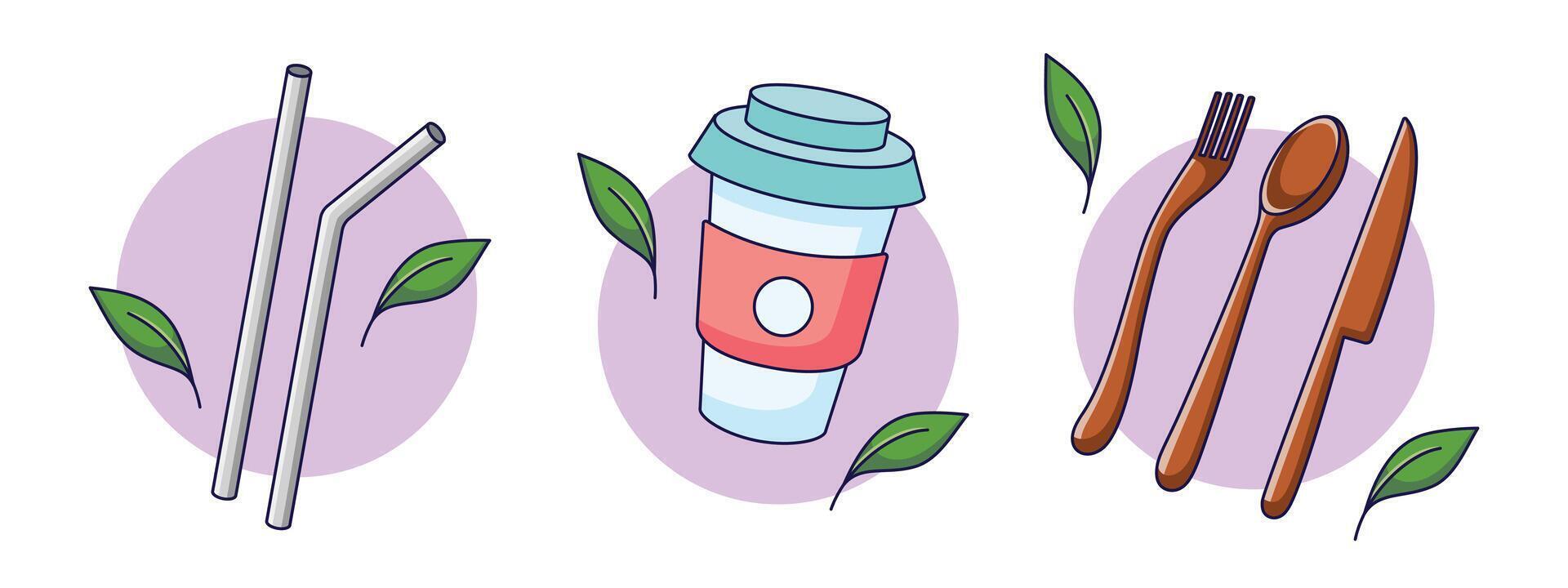 Set of eco friendly tableware items - reusable coffee cup, wooden cutlery, metal drinking straws. Zero waste concept collection. illustration in cartoon style vector