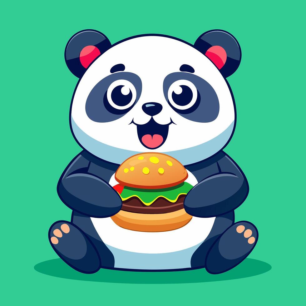 panda bear holding a hamburger and smiling vector