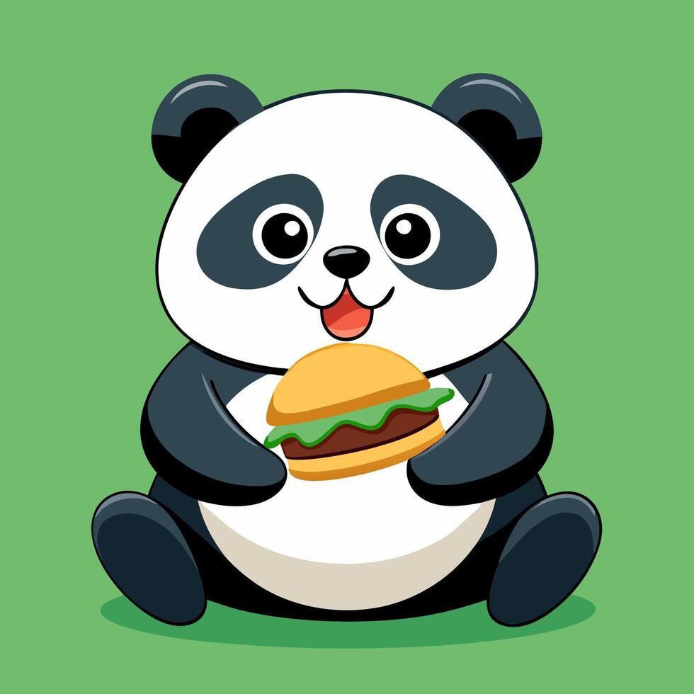 panda bear holding a hamburger on a green background vector