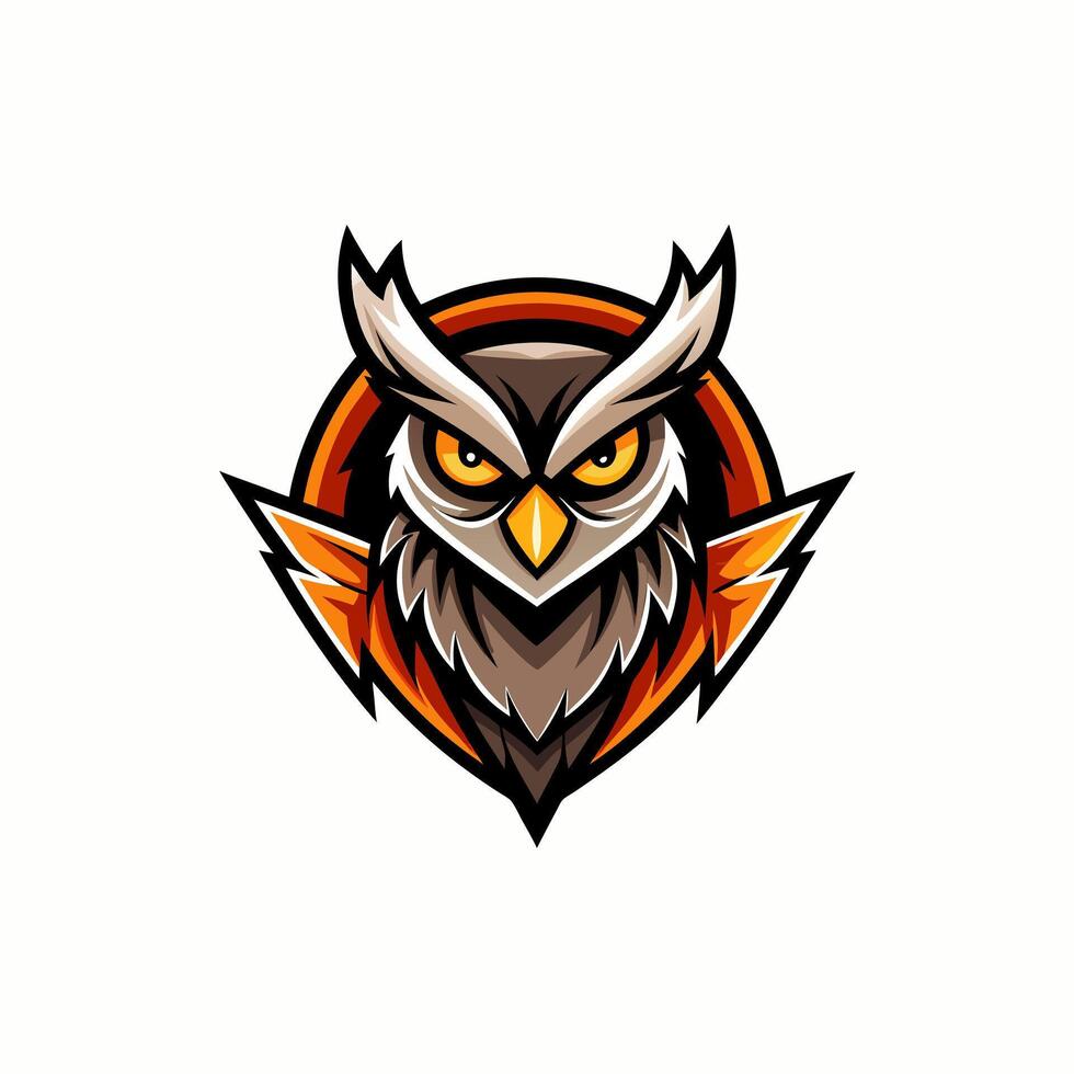 an owl head logo with orange and black colors vector