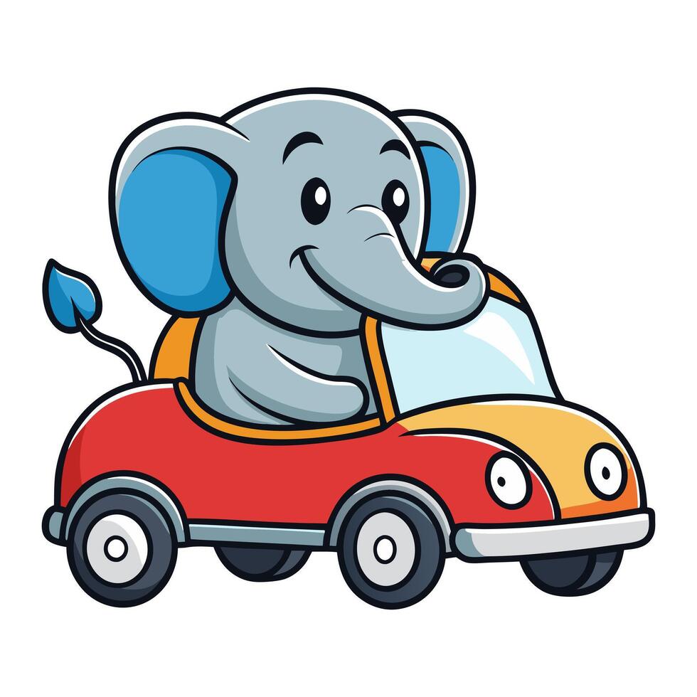 elephant driving car cartoon vector