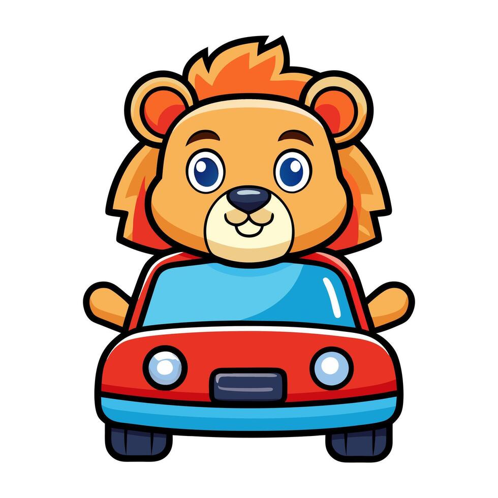 cartoon lion driving a car vector