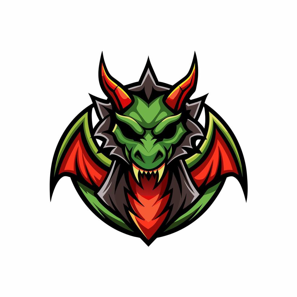 a green dragon head with red horns vector