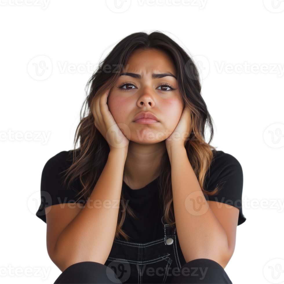 Portrait of a sad young woman, isolated on transparent background. png