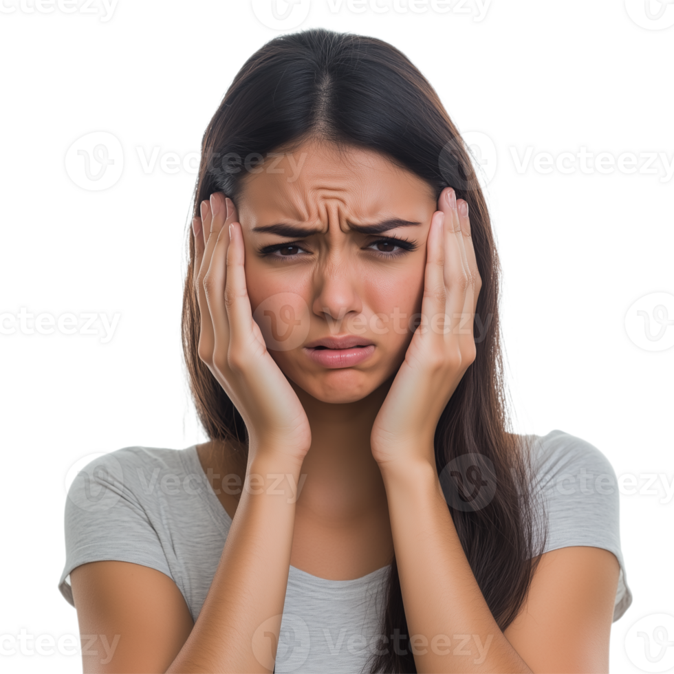 Portrait of a young woman with headache isolated on a transparent background png