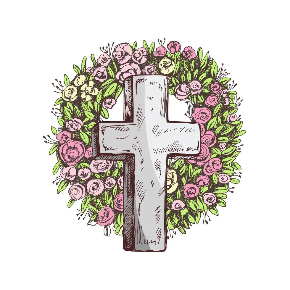 Old marble stone christ cross with a wreath. hand drawn isolated illustration on white background. Sketch symbol of Jesus, death, cemetery, christianity, religion, faith, trust and resurrection vector