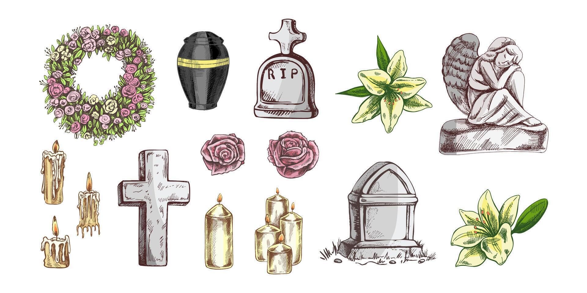 Hand drawn set for Funeral service. Attributes and symbols of condolence, loss, dead, bereavement and cemetry. Sketch of vintage stone angel, tombstone, urn, cross, resurrection. vector