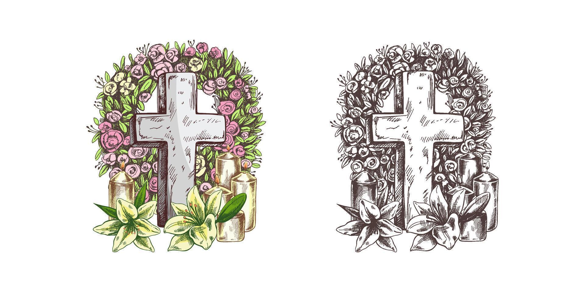 Old marble stone christ cross with a wreath, candles and lilies. hand drawn isolated illustration on white background. Sketch symbol of Jesus, death, cemetery, christianity, religion vector