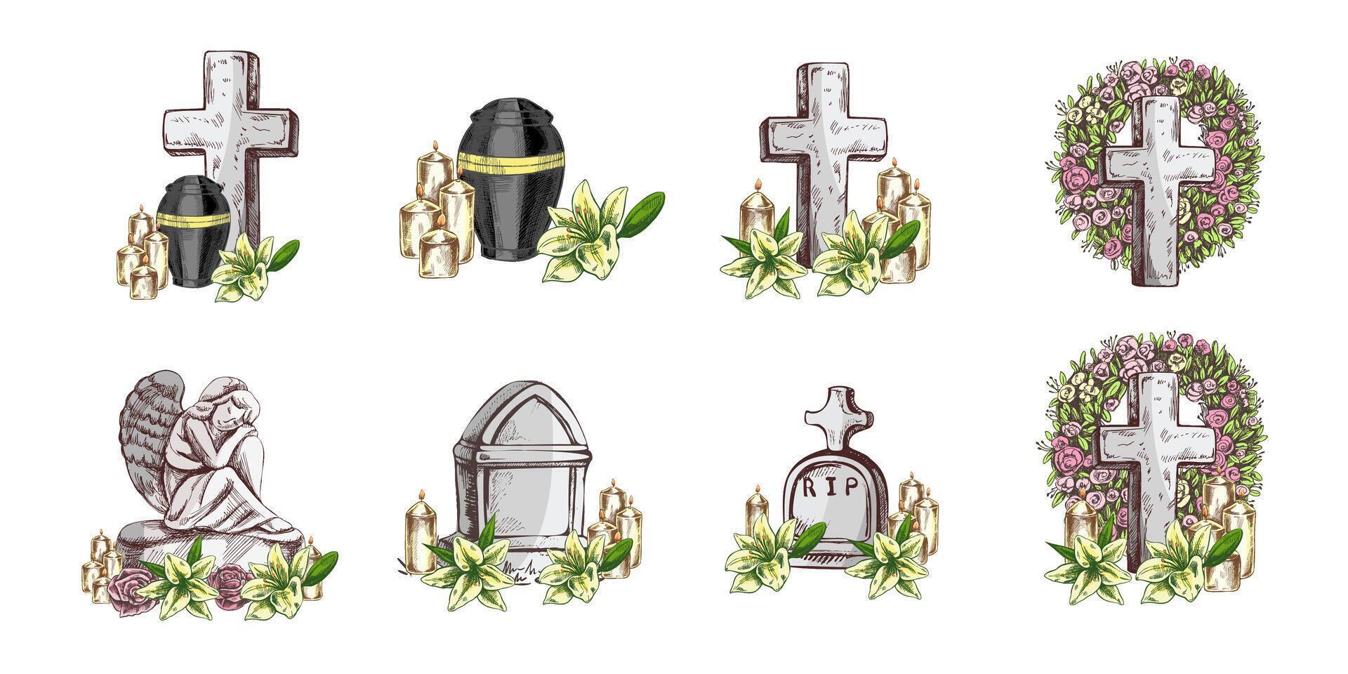 Hand drawn set for FuAttributes and symbols of condolence, loss, dead, bereavement and cemetry. Sketch of vintage stone angel, tombstone, urn, cross, resurrection. vector