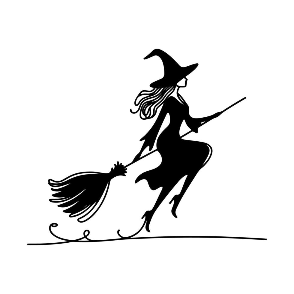 Silhouette witch flying on broomstick black on broom Halloween vector
