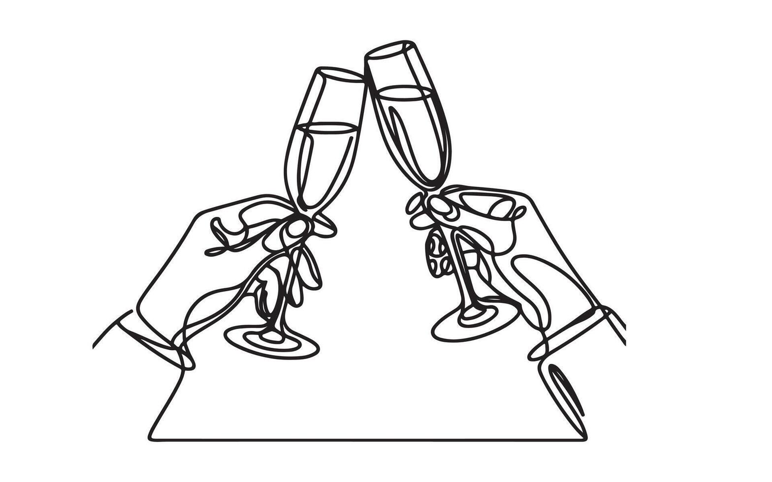 Continuous one black art line hand drawing of Two hands with Wine Glasses, Cheers champagne outline doodle style, illustration on white vector