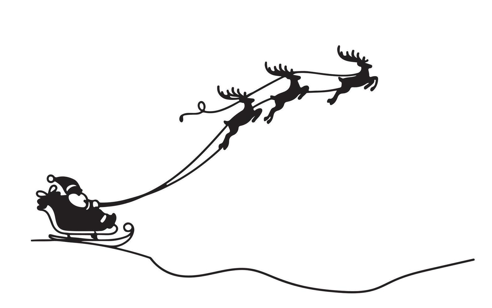 Continuous one black line art drawing of Santa Claus is flying in sleigh with Christmas reindeer doodle style sketch outline. illustration on white vector
