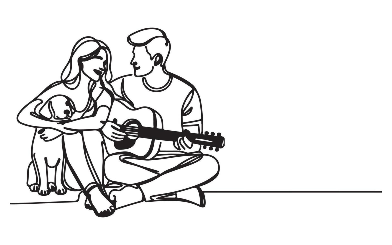 Continuous one line art hand drawing of a couple staying with their cute little dog and man playing classic acoustic guitar. Happy valentine day vector