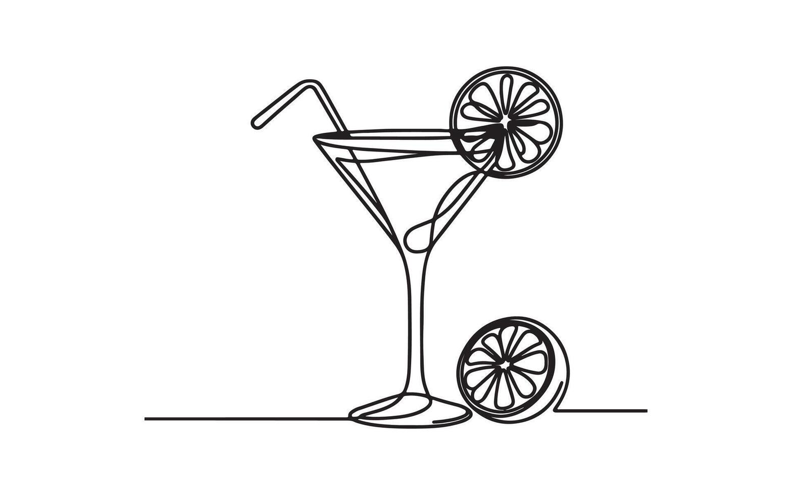 Continuous one black line art hand drawing of a glasses cocktail drink with a slice of lime outline doodle style, illustration on white vector