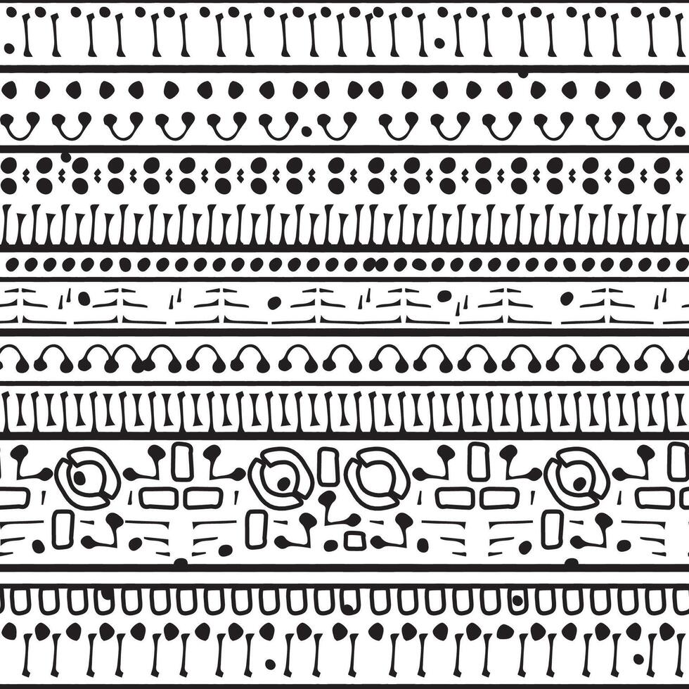 Ancient or African abstract motifs seamless border pattern on white background. Illustration of black lines, dots, circles vector