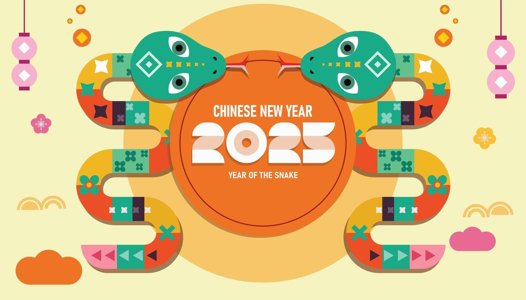Chinese New Year 2025, 2025 Chinese New Year, the year of the snake, snake zodiac sign with flower, lantern, banner, card, flyer vector