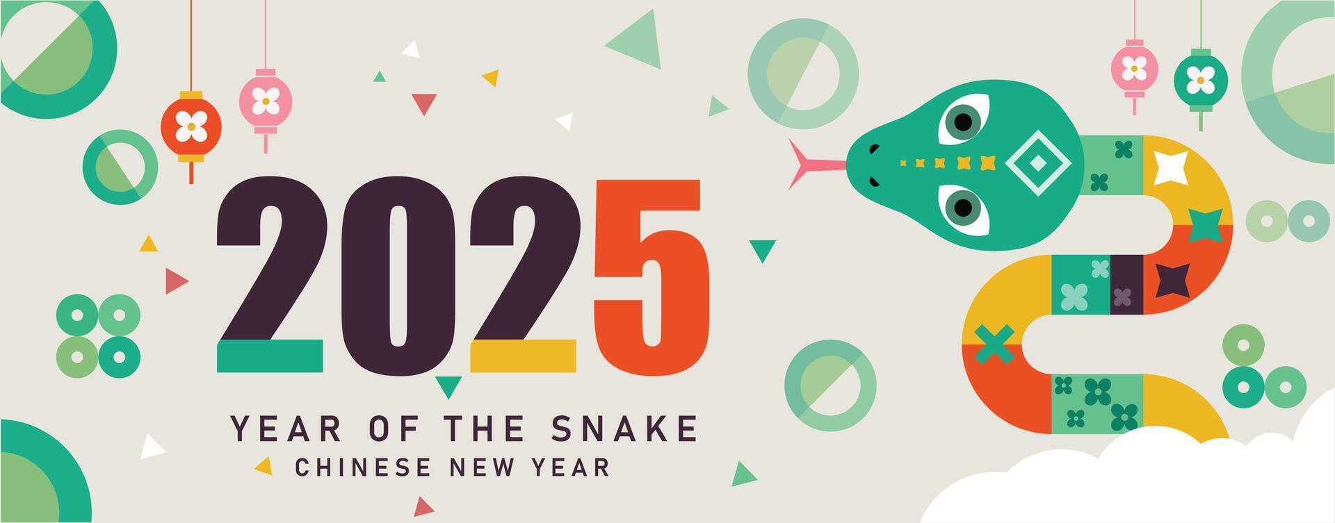 happy new year 2025, Chinese new year, year of the snake, Chinese zodiac snake in geometric flat modern style, for Notebook cover, brochure, postcard, banner vector
