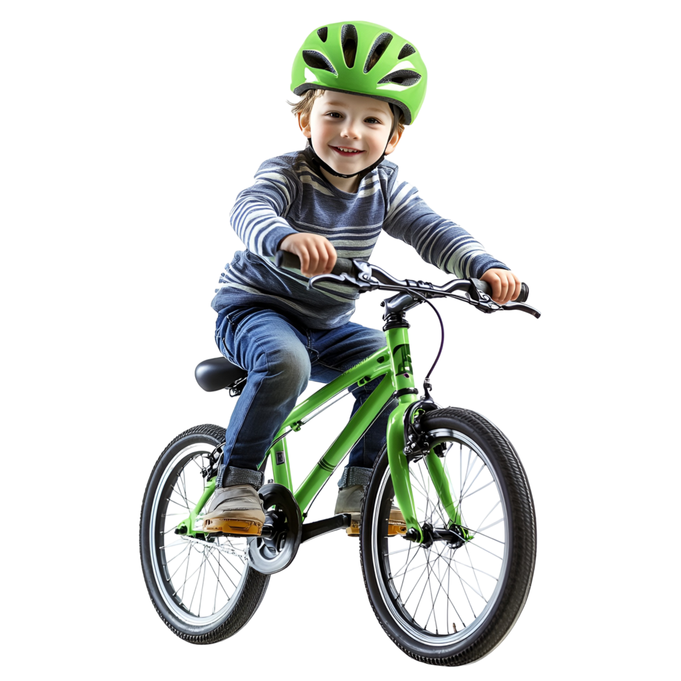 A young boy wearing a green helmet riding a bike png