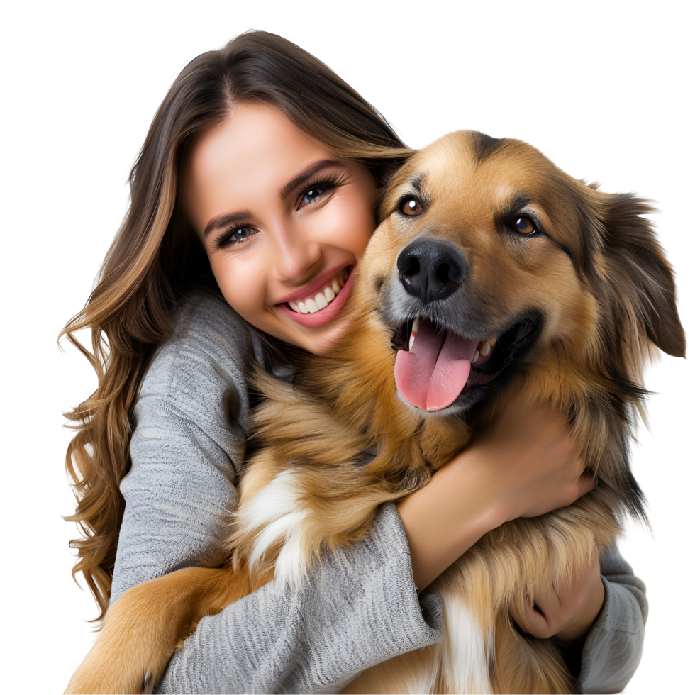 A woman is hugging a dog and smiling png