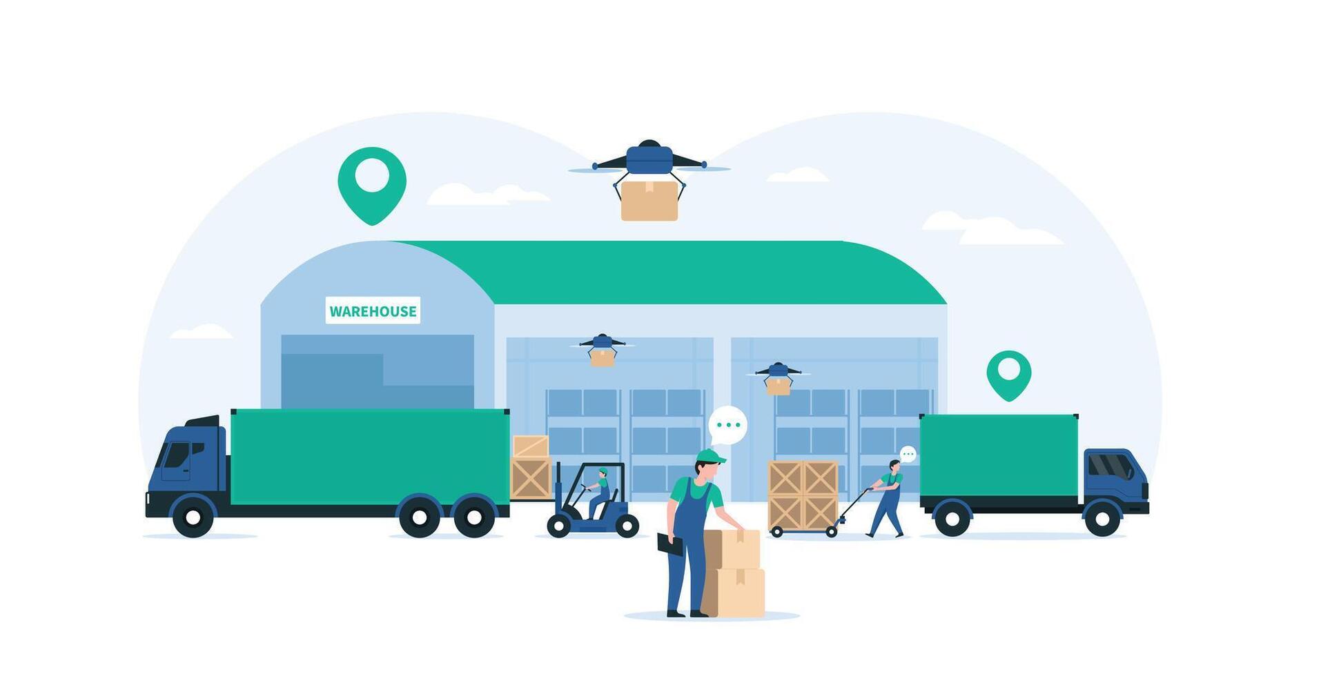 Warehouse Industry Featuring Storage Buildings, Forklift, Trucks, and Racks with Boxes. Highlighting Modern Logistics Operations. Illustration vector