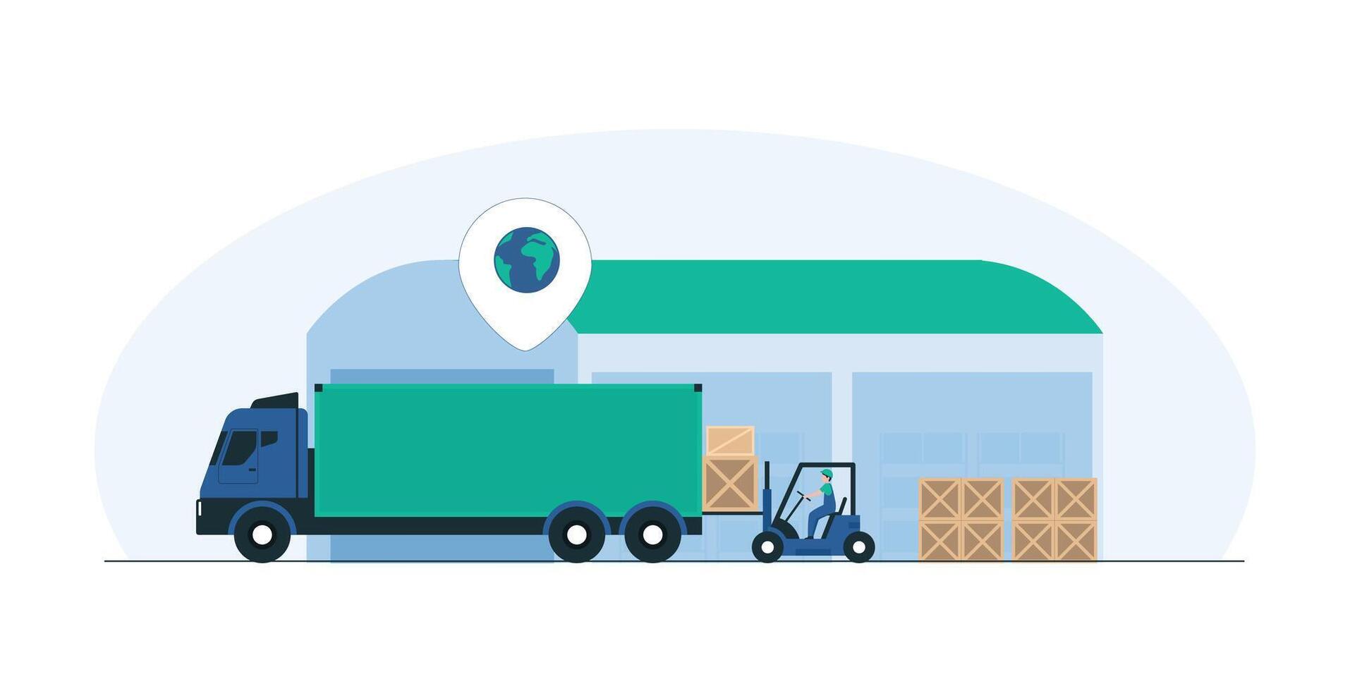 Forklift Loading Pallets into a Bus at a Distribution Center. Efficient Material Handling for Logistics, Supply Chain, and Distribution Operations with Pallet Transportation. Illustration vector