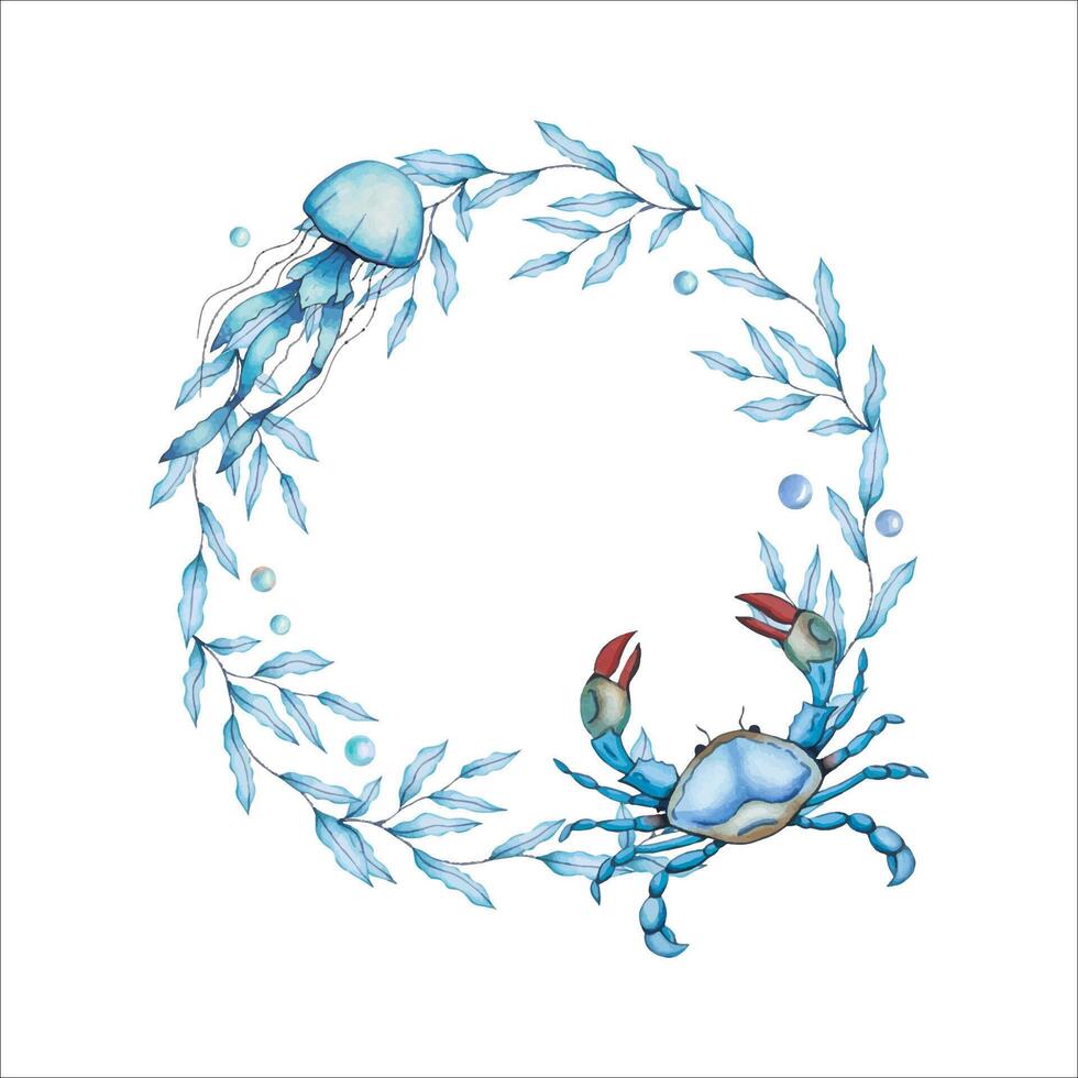 Sea wreath with a sea animals. Underwater world. Hand drawn watercolor illustration vector