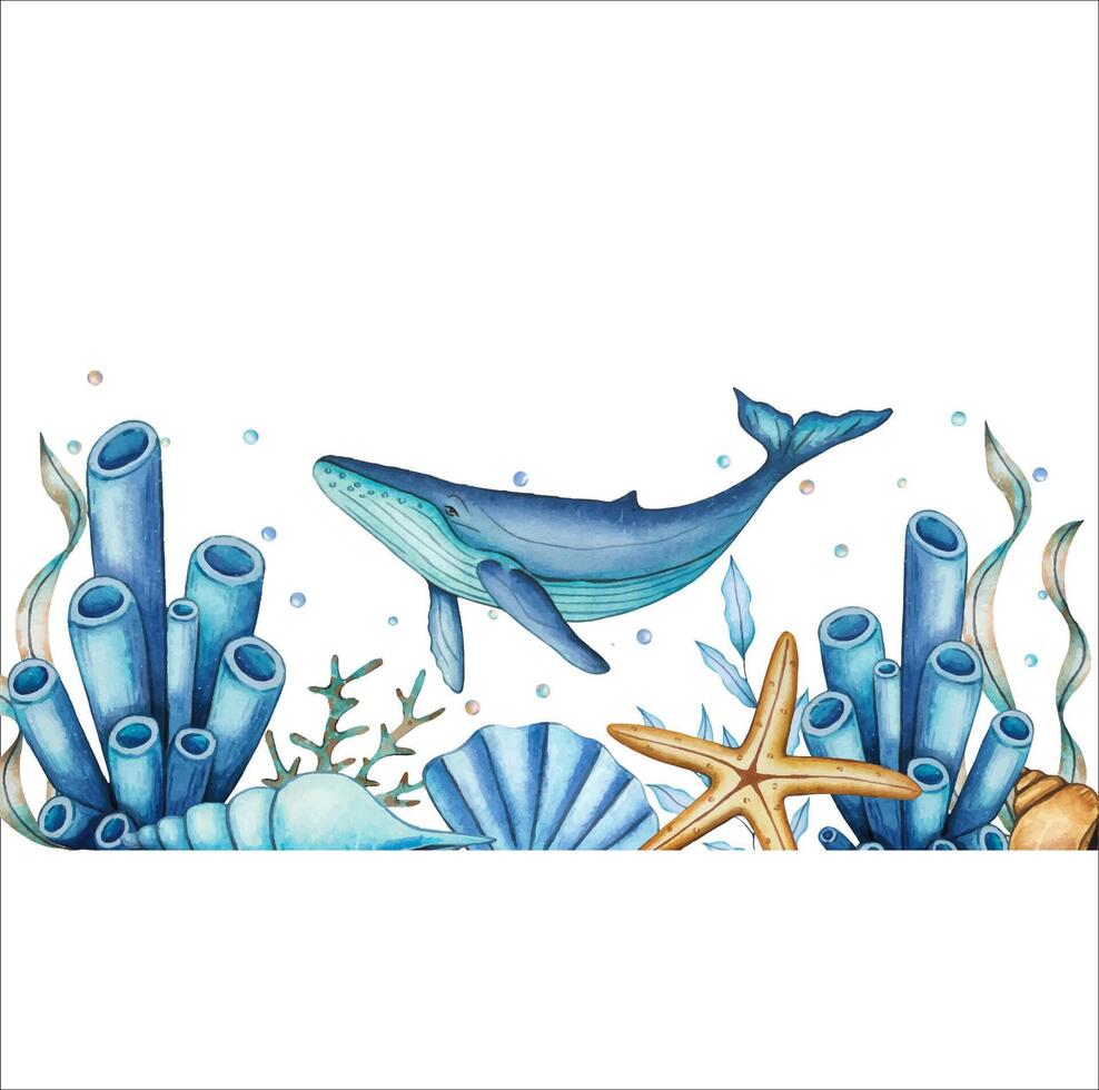 Sea border with a whale, algae,coral, bubbles, shells. Underwater world. Hand drawn watercolor illustration vector