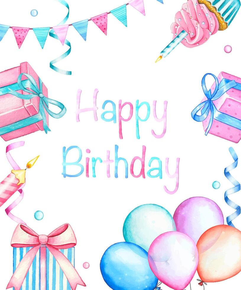 Hand drawn birthday frame, with gift boxes, candle, cupcake, garlands, balloons. Watercolor illustration vector