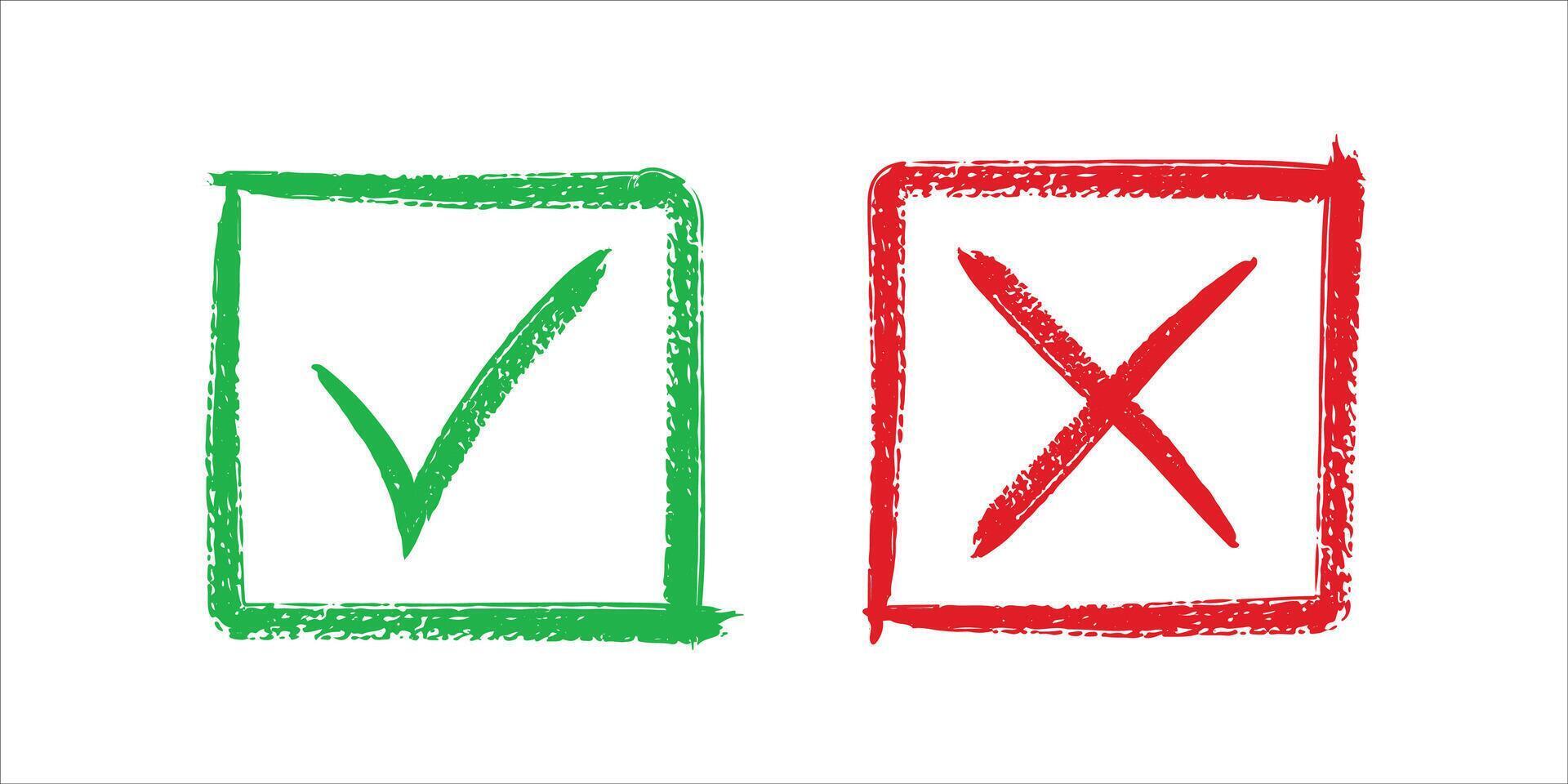 Set of green check mark and red cross icons. Checklist symbol, approval plan, and checklist sign. Illustration vector