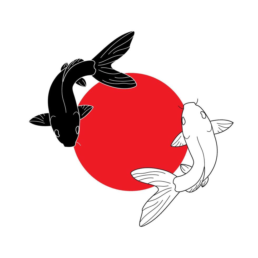 Two fish in a circle in the style of Japanese or Chinese painting, Sumi-e. illustration. vector
