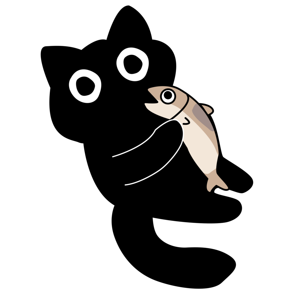 illustration of a black cat holding a fish. flat design png