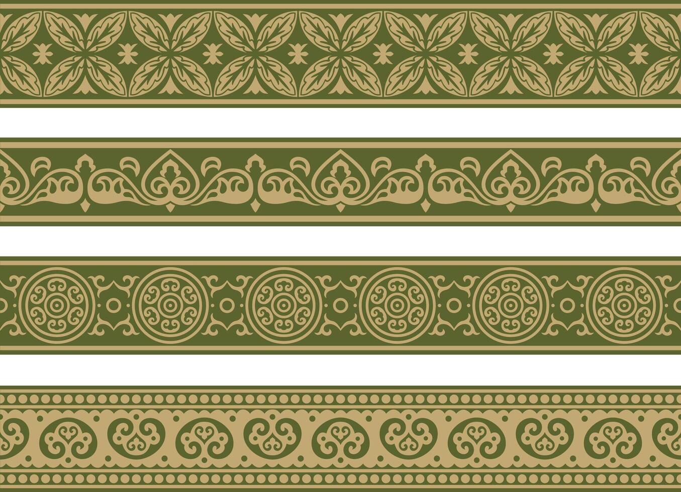 endless golden with green ancient Russian ornament. Seamless Slavic border, frame. Painting of the royal chambers. vector
