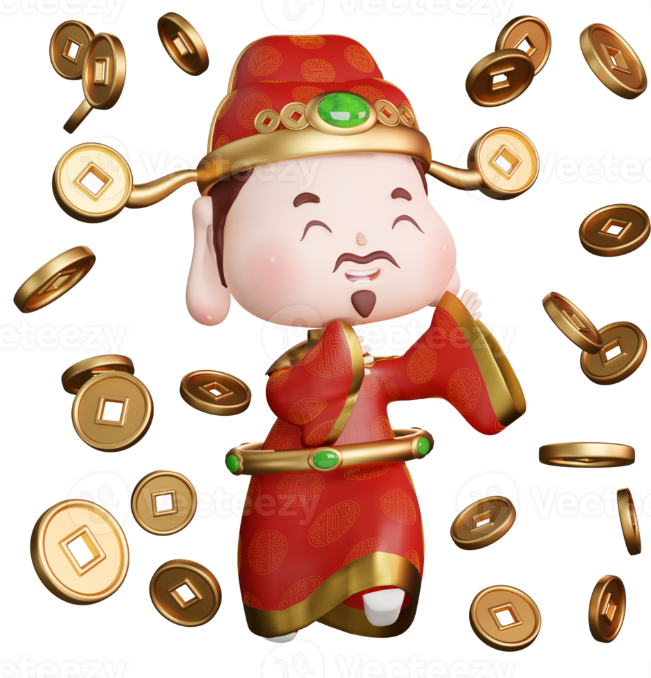 3D rendering illustration of cute traditional god of wealth and many falling coins png