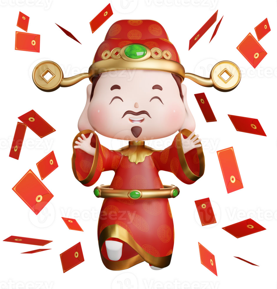 3D rendering illustration of cute traditional god of wealth and many falling red envelopes png