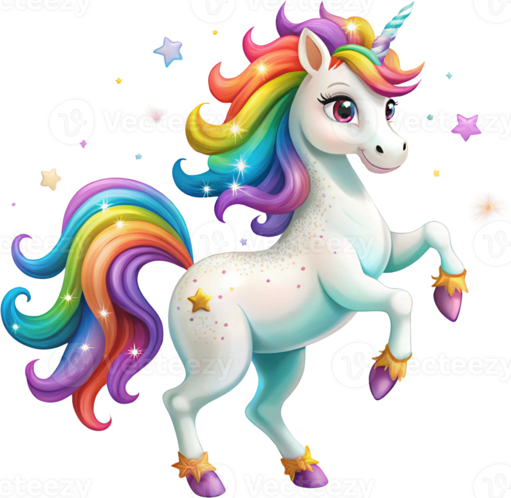 A dancing unicorn with rainbow-colored hair and twinkling stars on its hooves png