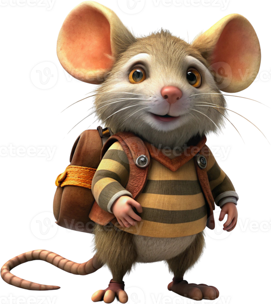 A friendly mouse with oversized ears and a striped tail, wearing a tiny backpack png