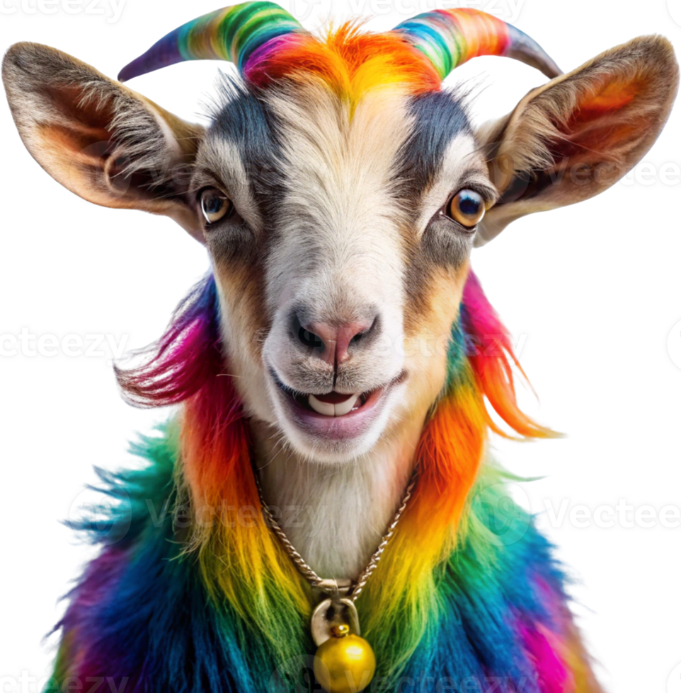 A funky goat with colorful fur and a tiny bell around its neck, smiling proudly png