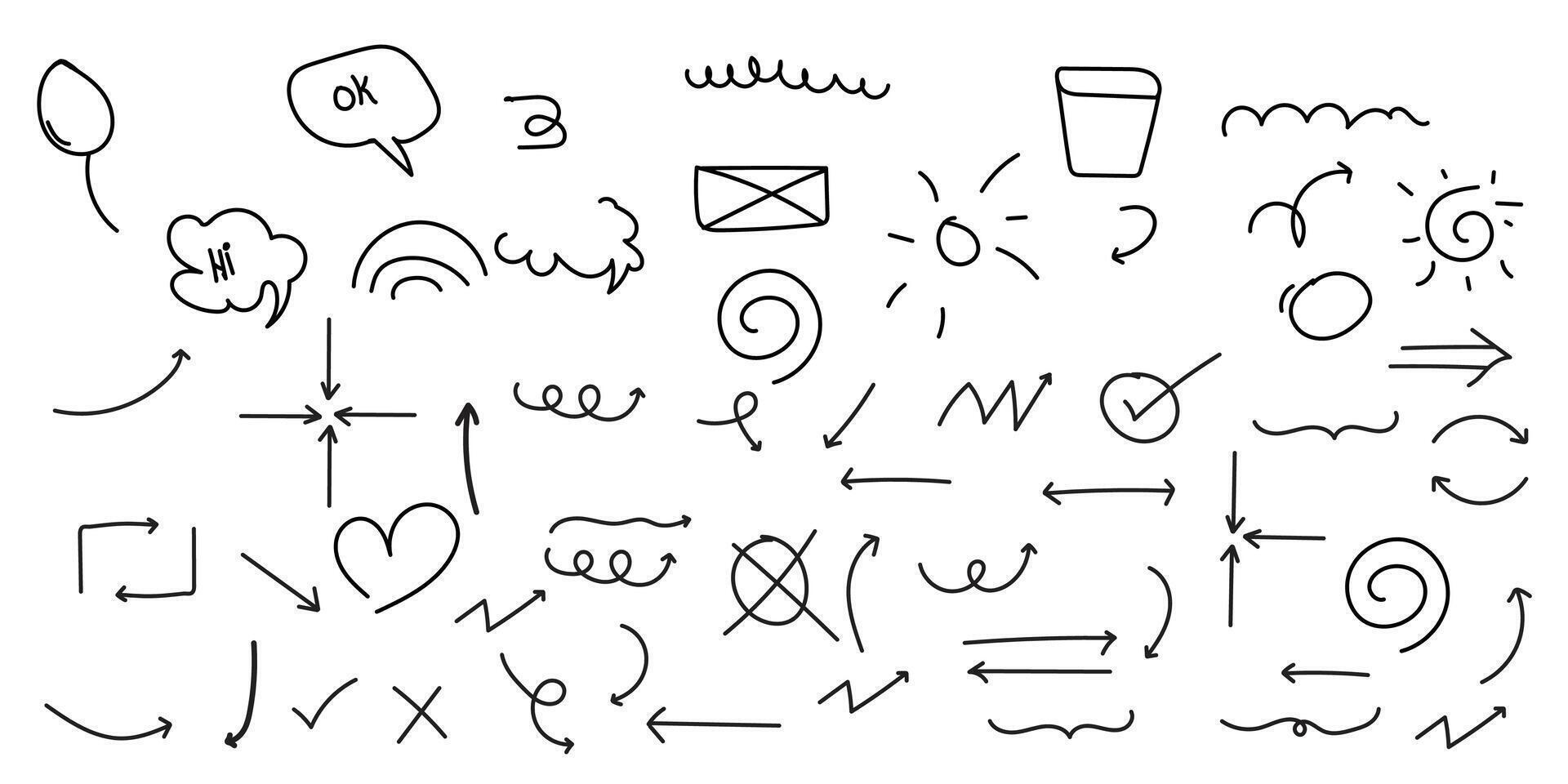 Unique Hand-Drawn Doodle pen line Elements Camera, Arrows, anime mark, Clouds, Sun, Speech Bubbles, and Decorative Lines design for print vector