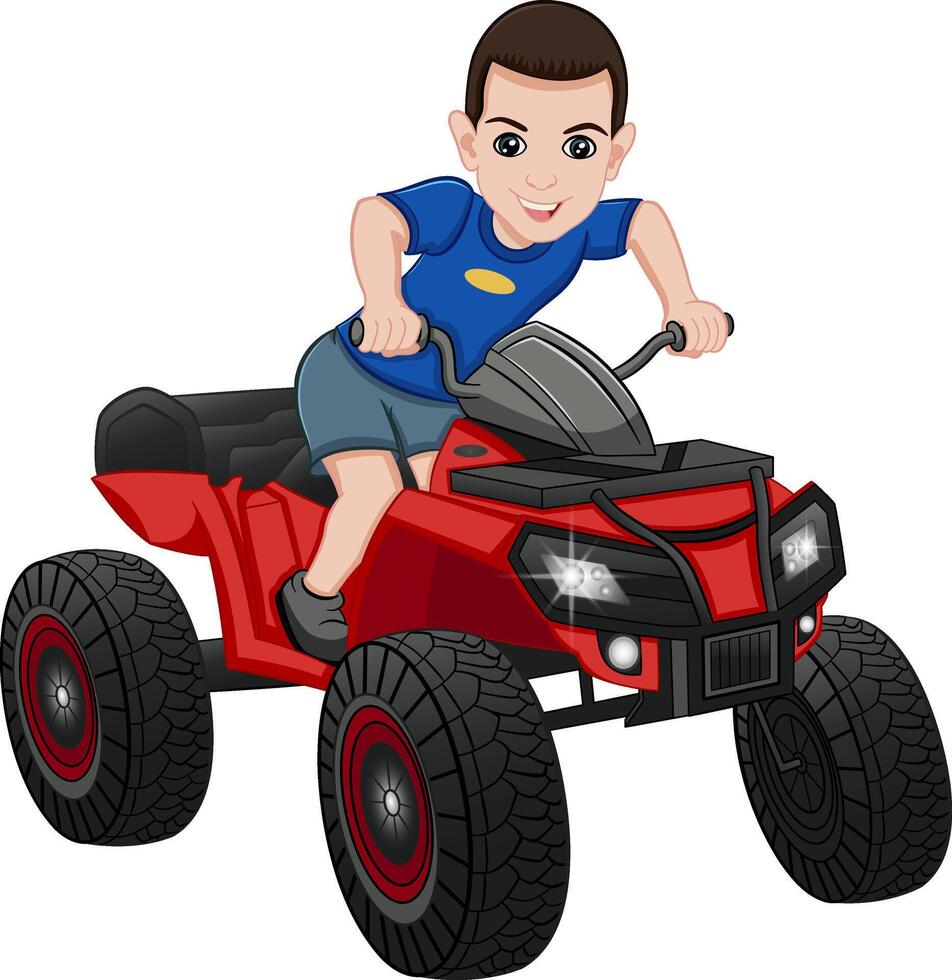Cartoon Cheerful Boy on an ATV. Illustration of a Cute Character vector