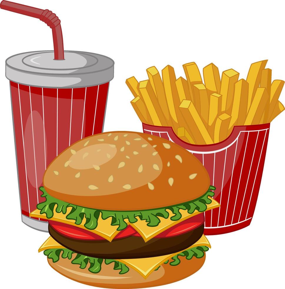 Fast Food Set with Burger, French Fries, and Glass of Soft Drink. Illustration of Delicious Food. Cafe or Restaurant Menu Design. vector